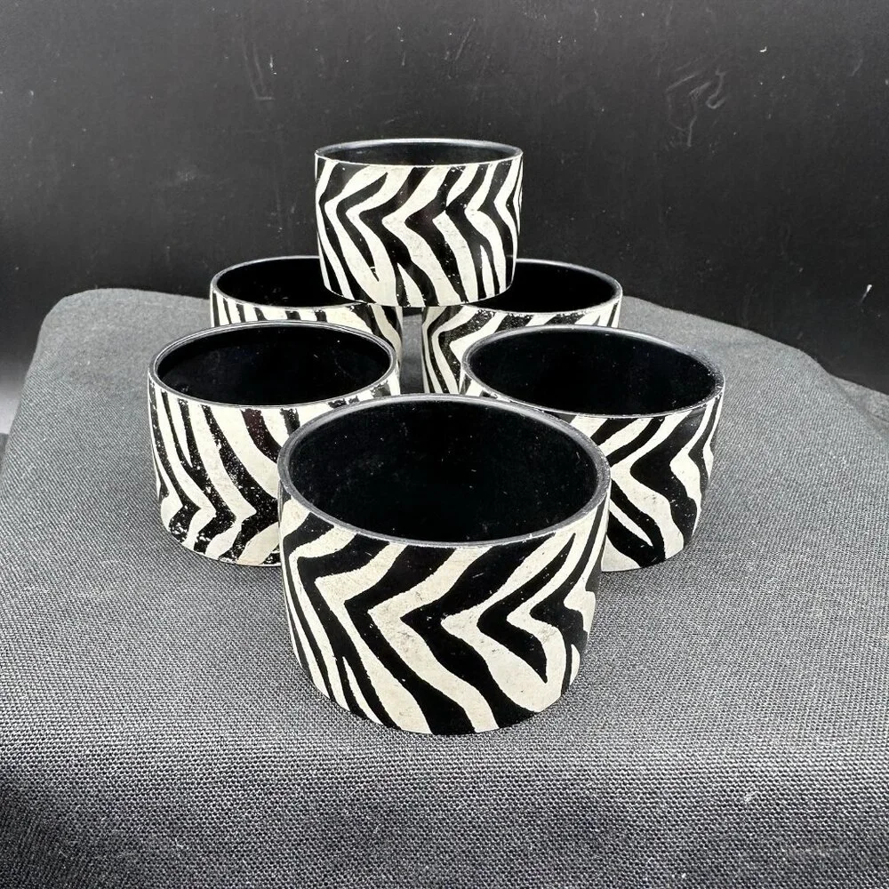 Black White Zebra Print Napkin Rings Set Of 6 Animal Pattern Table Decor Vintage